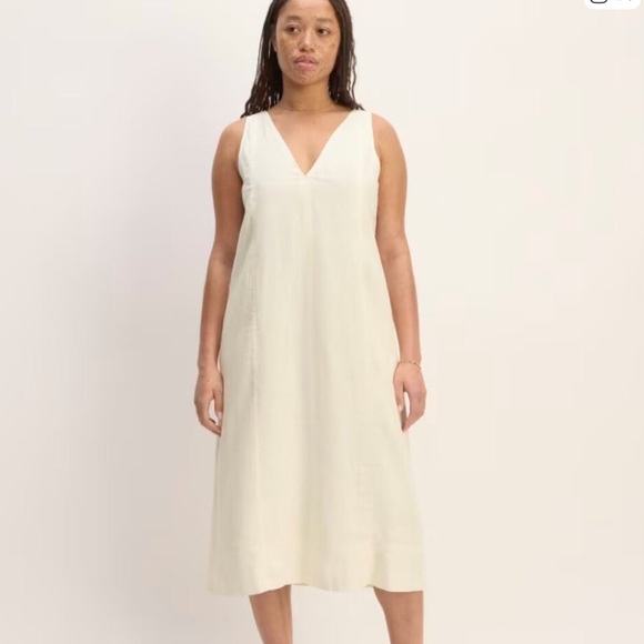 NEW Everlane The Linen V-Neck Midi Dress Bone Cream Sleeveless Pockets Lined - Picture 1 of 11